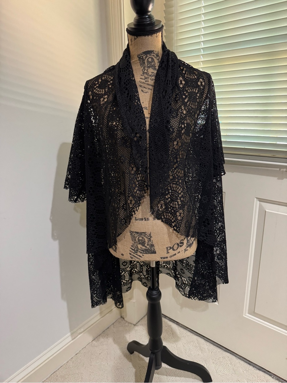 Black Crochet Lace Open Front Shawl Cardigan / Coverup